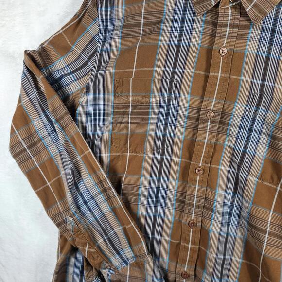 Toad & Co Brown Plaid Long Sleeve Button Up Shirt Size Large Organic Cotton - Picture 2 of 11